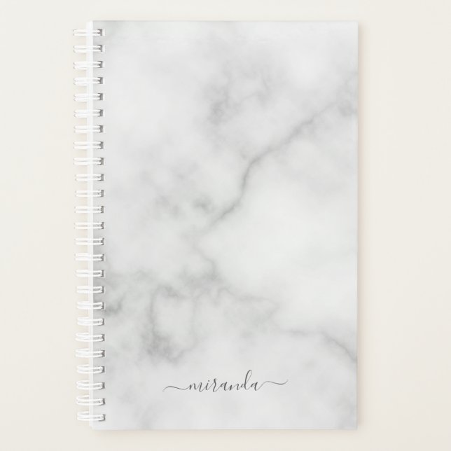 Modern Script Personalised Name White Marble Planner (Front)