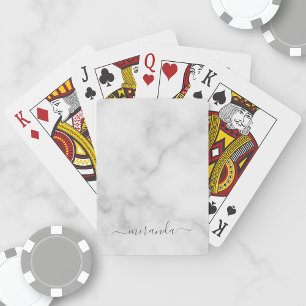 Modern Script Personalised Name White Marble Playing Cards