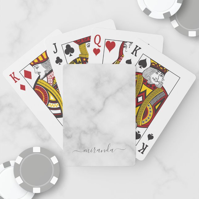 Modern Script Personalised Name White Marble Playing Cards (Creator Uploaded)