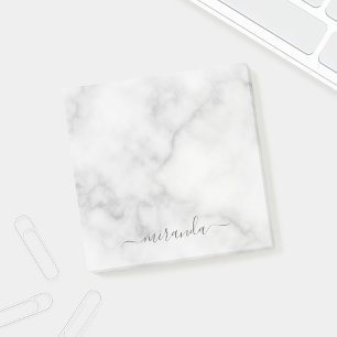 Modern Script Personalised Name White Marble Post-it Notes