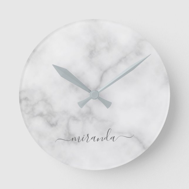 Modern Script Personalised Name White Marble Round Clock (Front)
