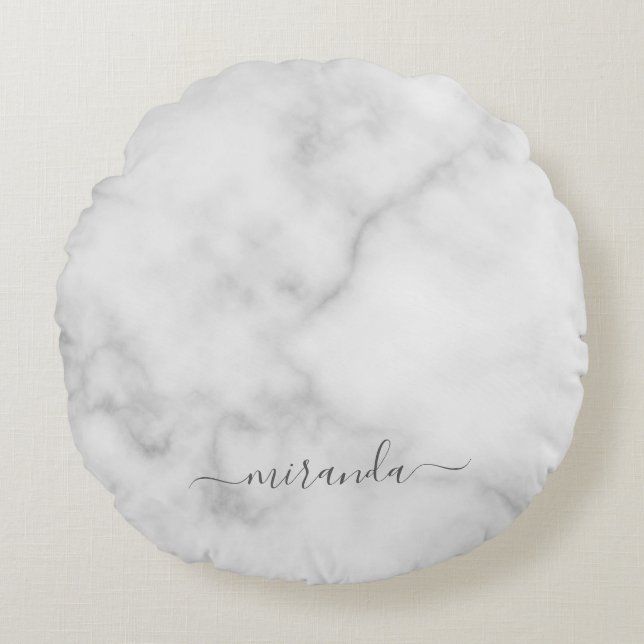 Modern Script Personalised Name White Marble Round Cushion (Front)