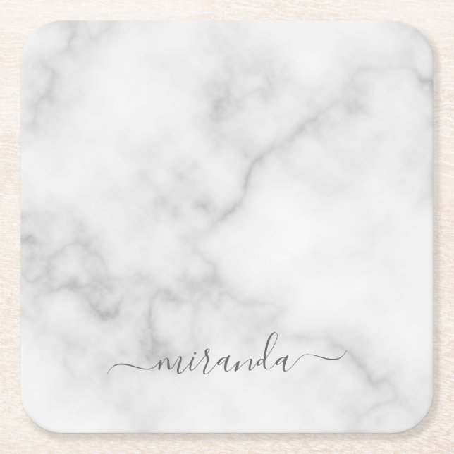 Modern Script Personalised Name White Marble Square Paper Coaster (Front)