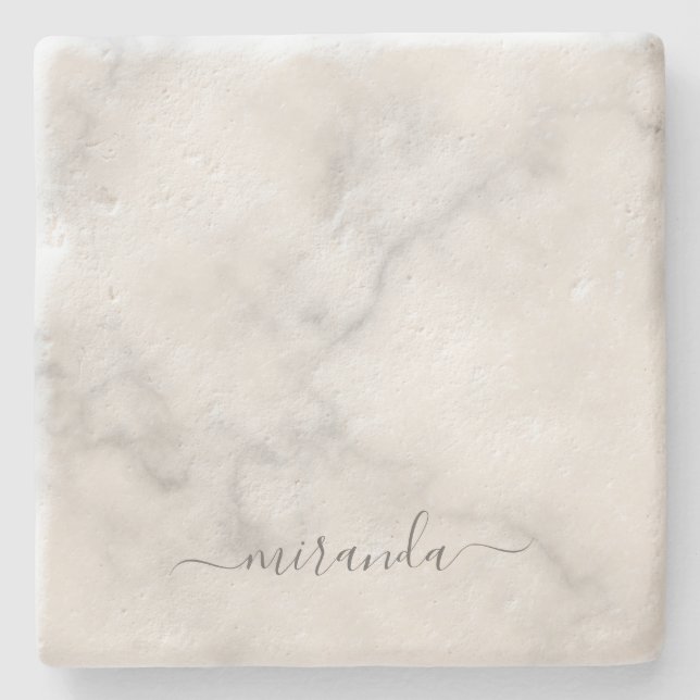 Modern Script Personalised Name White Marble Stone Coaster (Front)
