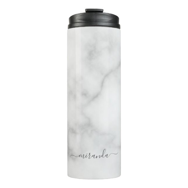 Modern Script Personalised Name White Marble Thermal Tumbler (Front)