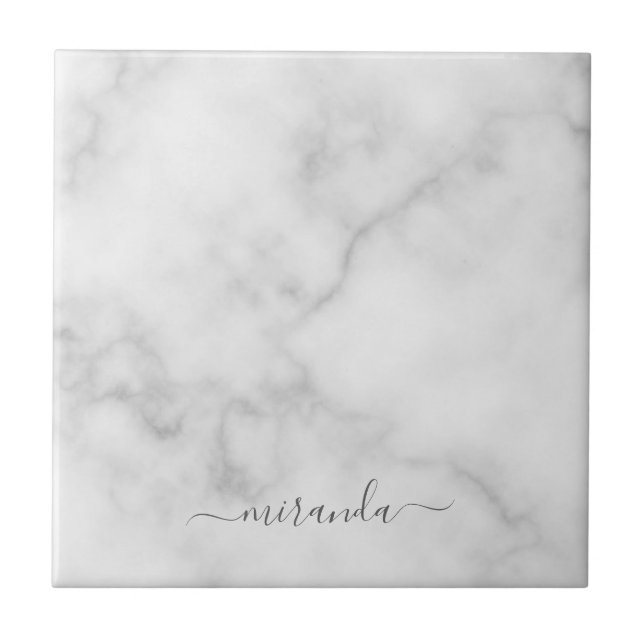 Modern Script Personalised Name White Marble Tile (Front)