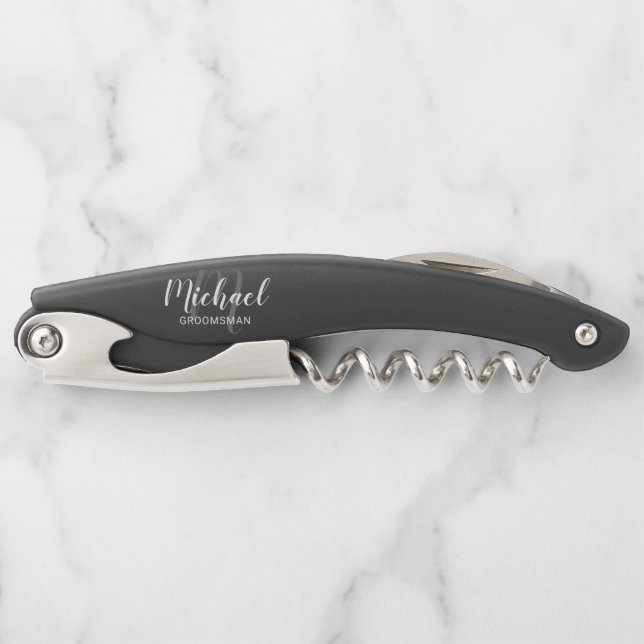 Modern Script Personalized Groomsman Corkscrew (Front)