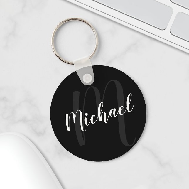 Modern Script Personalized Monogram and Name Black Key Ring (Creator Uploaded)