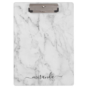 Modern Script Personalized Name White Marble Clipboard