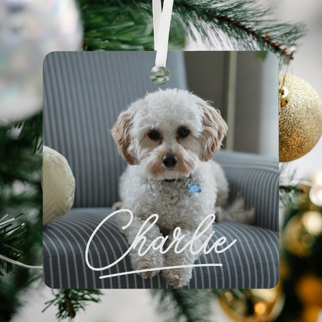 Modern Script Pet Photo Christmas Metal Tree Decoration (Creator Uploaded)