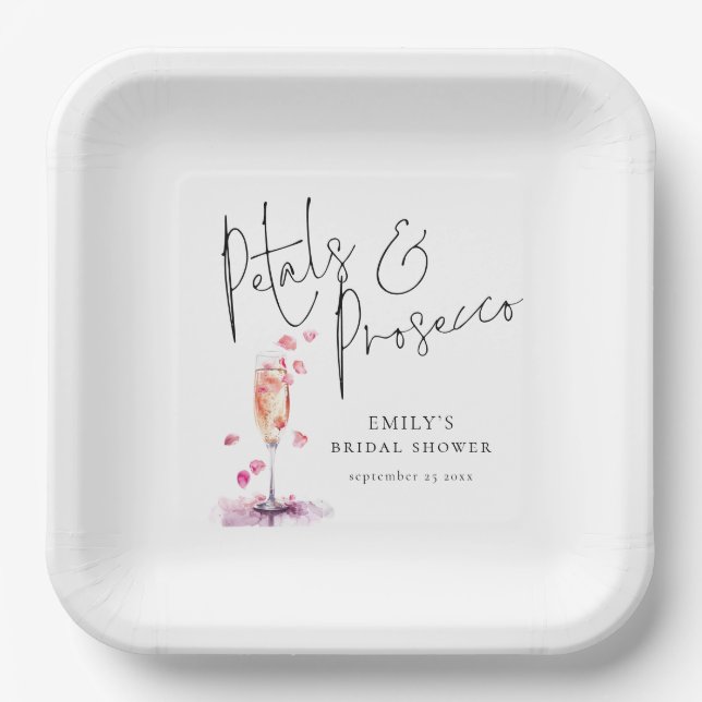 Modern Script Petals and Prosecco Bridal Shower Paper Plate (Front)