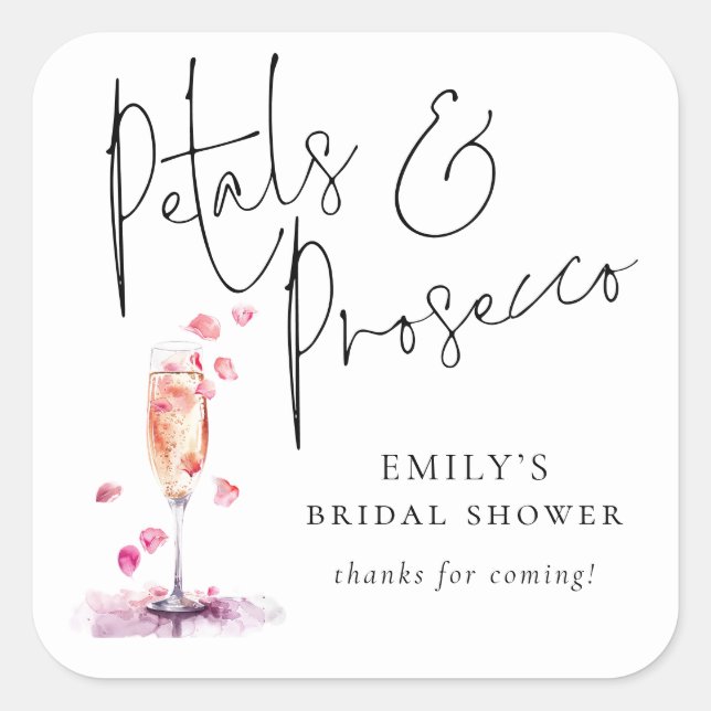 Modern Script Petals Prosecco Bridal Shower Thanks Square Sticker (Front)
