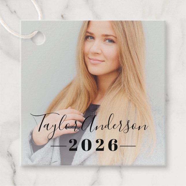Modern Script Photo 2026 Graduation Party Favour Tags (Front)