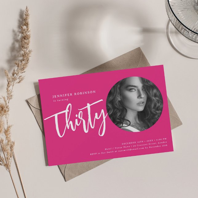 Modern Script Photo 30th Birthday Party Hot Pink  Invitation (Modern Script Photo 30th Birthday Party Hot Pink Invitation)