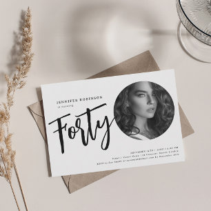 Modern Script Photo 40th Birthday Black & White Invitation