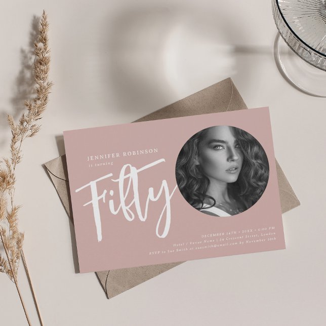 Modern Script Photo 50th Birthday Party Dusty Pink Invitation (Modern Script Photo 50th Birthday Party Dusty Pink Invitation)