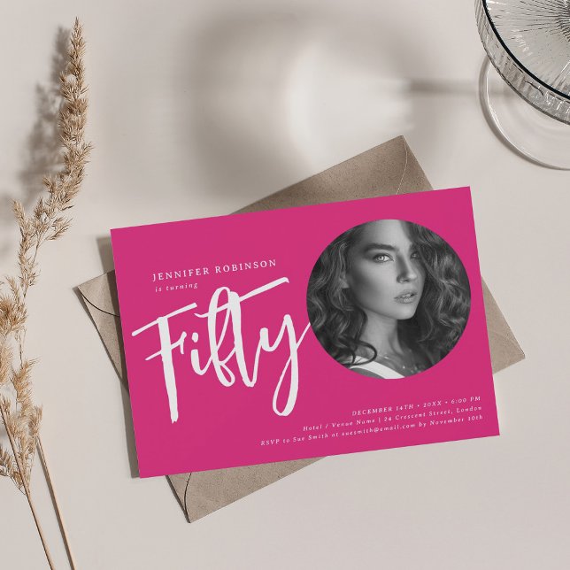 Modern Script Photo 50th Birthday Party Hot Pink  Invitation (Modern Script Photo 50th Birthday Party Hot Pink Invitation)