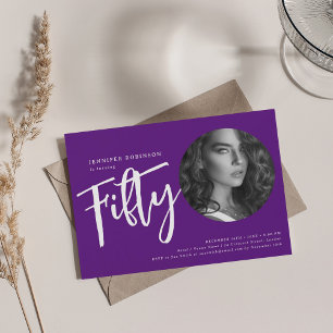 Modern Script Photo 50th Birthday Party Purple  Invitation