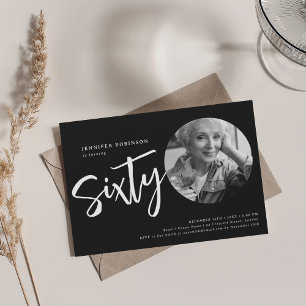 Modern Script Photo 60th Birthday Party Black Invitation