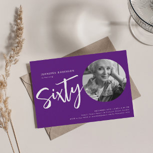 Modern Script Photo 60th Birthday Party Purple Invitation
