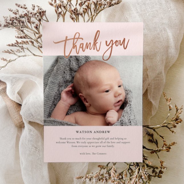 Modern Script Photo Baby Thank You Card (Modern rose gold baby photo thank you card.)