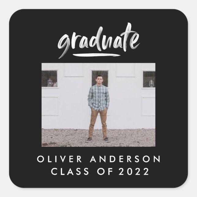 Modern script photo black and white graduation square sticker (Front)