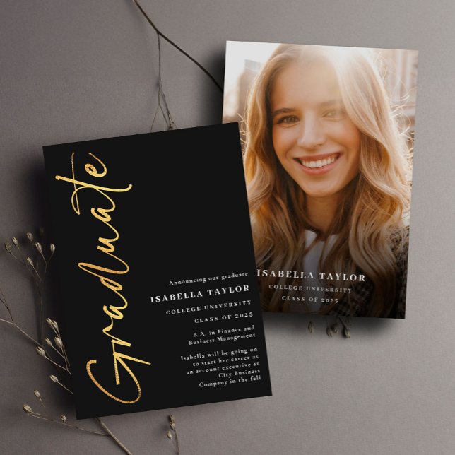 Modern Script Photo Black Gold 2025 Graduation Announcement (Creator Uploaded)