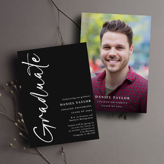 Modern Script Photo Black Graduation Announcement (Creator Uploaded)