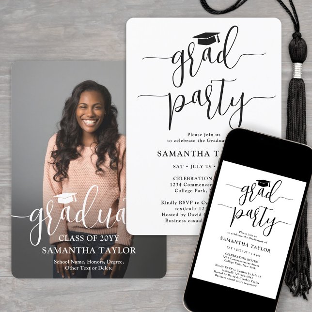 Modern Script & Photo Black White Graduation Party Invitation (Creator Uploaded)