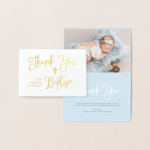 Modern Script Photo Blue Baptism Thank You Foil Card