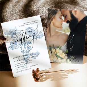 Modern Script Photo Blue Floral Wedding Invitation