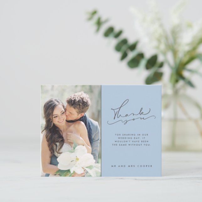 Modern Script Photo Blue Wedding Thank You Postcard (Standing Front)