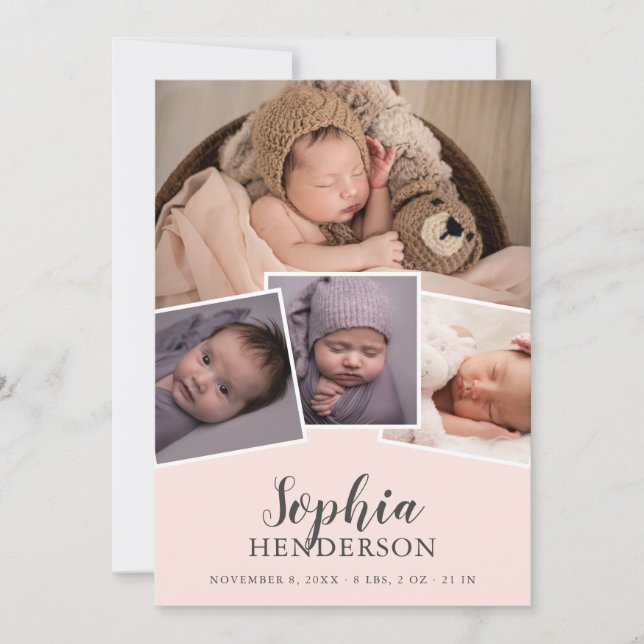 Modern Script Photo Blush Pink Birth Announcement (Front)