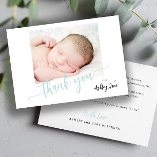 Modern script photo boy baby shower thank you card