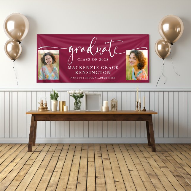 Modern Script Photo Burgundy Graduation  Banner (Modern Script Photo Burgundy Graduation Banner)
