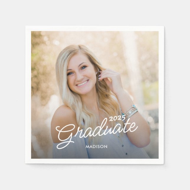 Modern Script Photo Class of 2025 Graduation Napkin (Front)