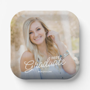 Modern Script Photo Class of 2025 Graduation Paper Plate