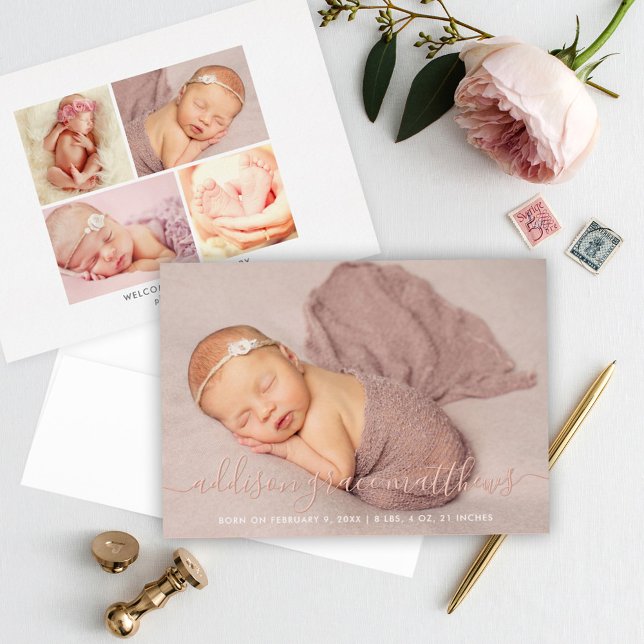 Modern Script Photo Collage Birth Announcement (Creator Uploaded)