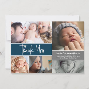 Modern script Photo Collage dark blue baby Shower  Thank You Card