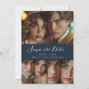 Modern Script Photo Collage Dusty Blue  Save The Date