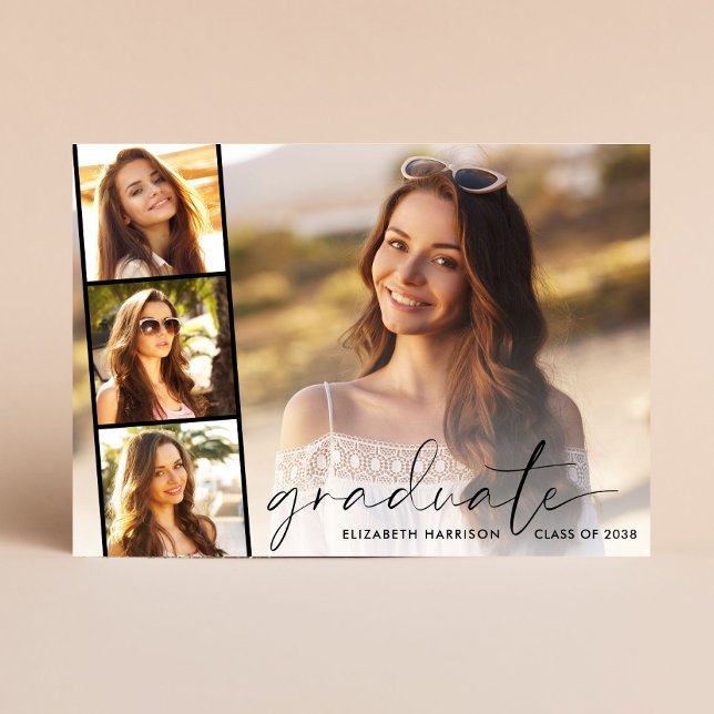 Modern Script Photo Collage Graduation Announcement (Cherish the milestone: share your graduate's achievement with a custom photo graduation announcement)