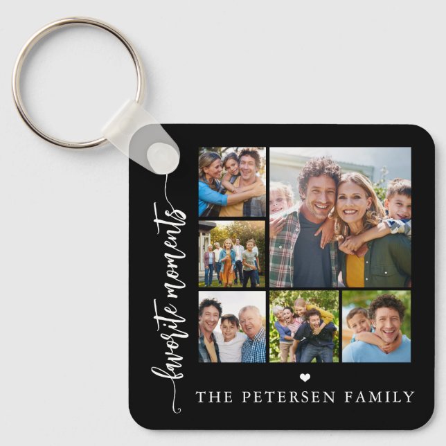 Modern script photo collage personalised black key ring (Front)