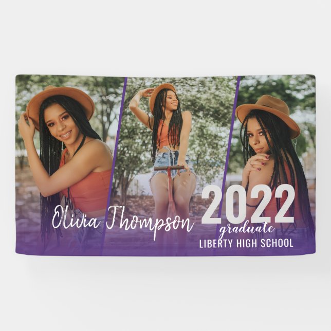 Modern Script Photo Collage Purple Graduation Banner (Horizontal)
