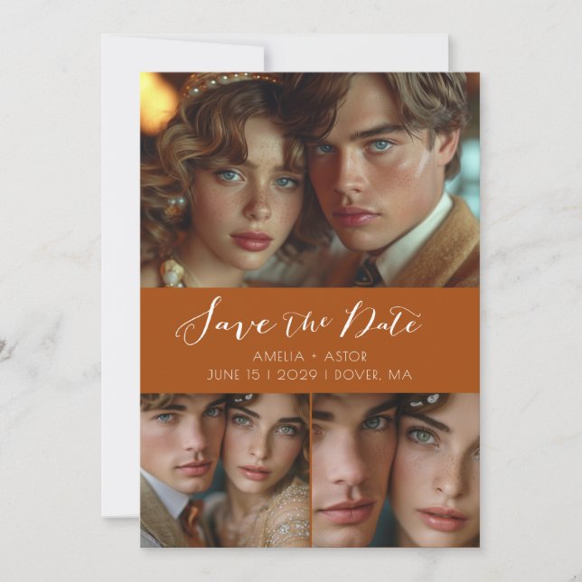 Modern Script Photo Collage Terracotta  Save The Date (Front)