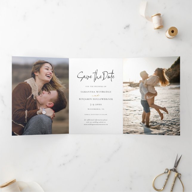 Modern Script Photo Collage Wedding Save the Date Tri-Fold Announcement (Inside)