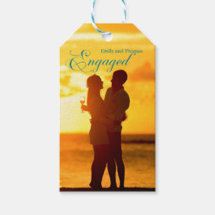 Modern script photo engagement gift tags