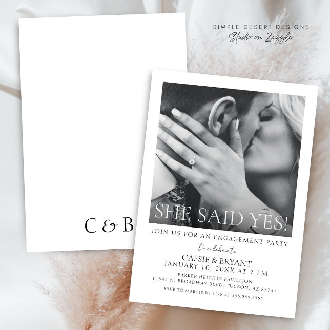 Modern Script Photo Engagement Party Invitation (Modern Minimalist Black and White She Said Yes Engagement Party Invitation with Photo)
