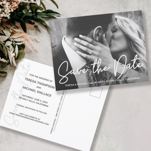 Modern Script Photo Engagement Save The Date Postcard (Modern handlettering wedding Save the date script photo postcard)
