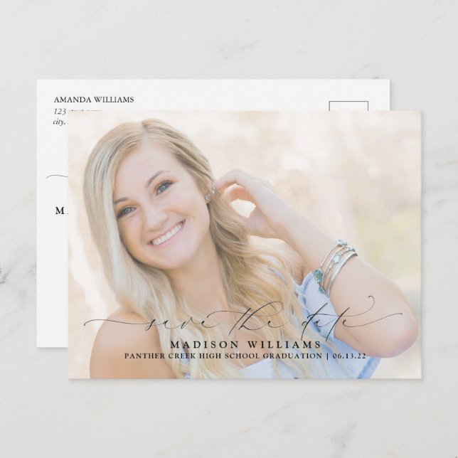 Modern Script Photo Graduation Save the Date Announcement Postcard (Front/Back)