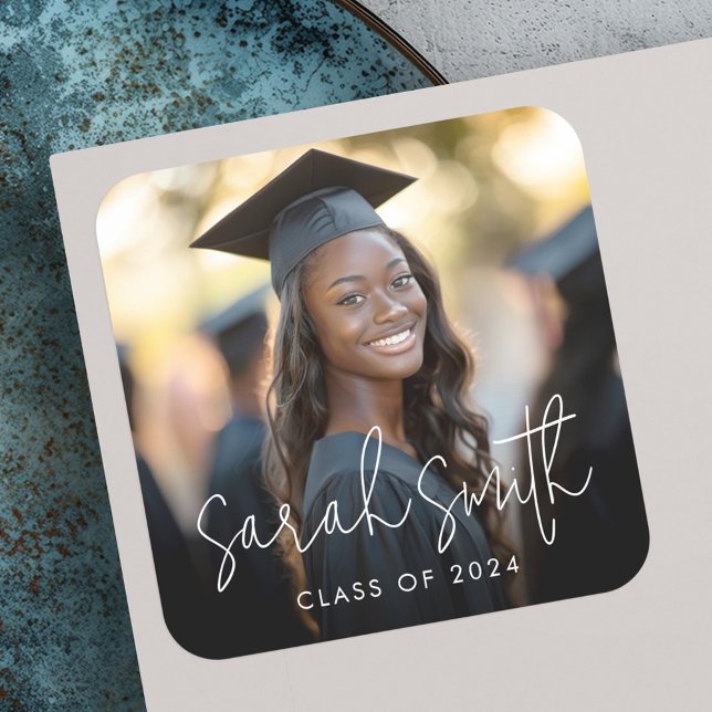 Modern script photo graduation square sticker (Modern script photo graduation square sticker)